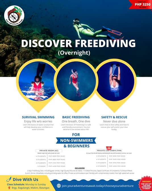 1PAX DISCOVER FREEDIVING (Overnight) for Non-swimmers & Beginners - Package (Shared Cabin Room)